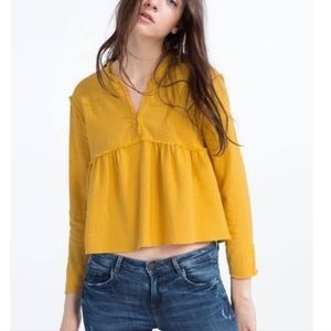 Zara Boho Crop Top Yellow Mustard Babydoll Long Sleeve Sz. L